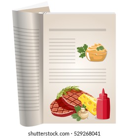 Template pages of a cookbook. You can have there favorite recipes. Cutlets with mushrooms and cheese. Different sauces ketchup and mustard