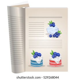 Template pages of a cookbook. You can have there favorite recipes. Blueberry sauce in a glass vase. Multi-colored cakes with fruit jam and whipped cream