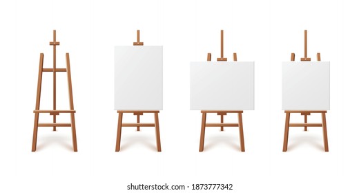 Template of painting easels with and without artboard canvas, realistic vector illustration isolated on white background. Mockup of artboards standing on easel.