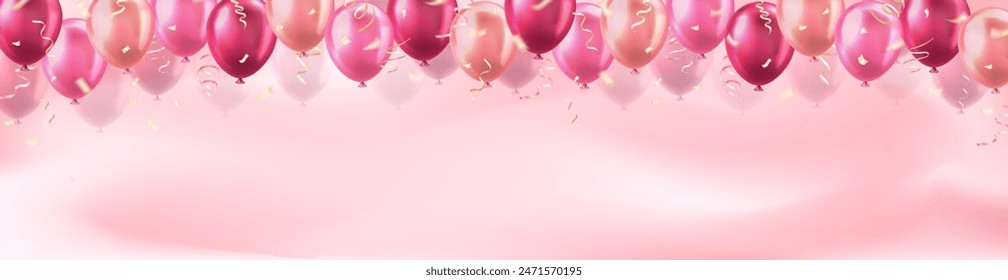 Vorlage des Panoramahintergrunds mit 3D-rosa realistischen Ballons mit Konfetti-Rahmen und leerem Raum für Grußtext oder Einladung. Header für Feier, Verkauf, Eröffnung, Urlaub, Hochzeit, Anzeigen