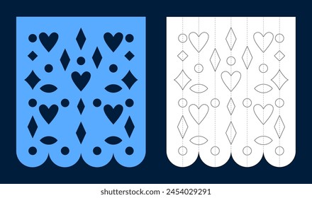 Template Papel Picado for cut out on dark background. Blue papel picado template. Sample of papel picado for Mexican festival. 