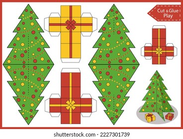 Template paper craft of christmas tree and gifts. Cut and glue activity worksheet. Kids education game. 