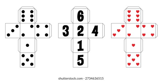 Template for paper cube dice making. Black dots or dot, numbers or love heard icon.  Game dice template model. Cartoon dice and eyes. Six faces for play. Gamble games. Rolling dice, numbers one to six.