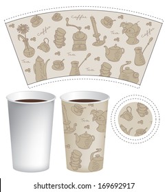 Template Paper Cup For Coffee And Tea With The Texture Of Cutlery