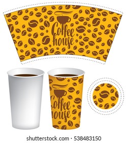 template of paper cup for hot drink with the background of coffee beans