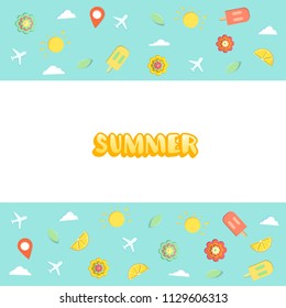 Template with paper cut ice cream, clouds, flowers, planes, suns. Summer sticker. Papercut summer shapes for flyer design. Vector illustration.