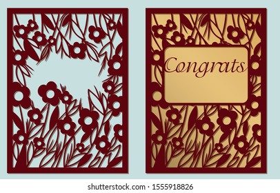 Template paper cut for laser cutting. Openwork greeting card with transparent, floral pattern, branches, leaves, flowers. Invitation, design element, panel, card, label, tag, badge for organizing a ho