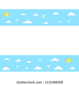 Template with paper cut planes, clouds and sun shape. Papercut summer shapes for flyer design. Vector illustration.