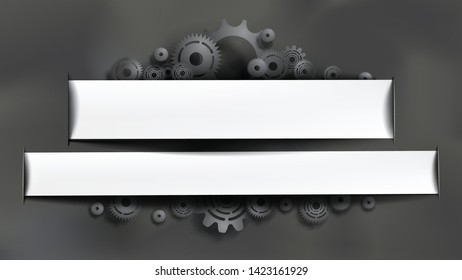 Template paper cut style black gears and cogs on gray chalkboard background. White frame for text editing. Size ratio 1920x1080px. EPS10, VECTOR, Illustration. 