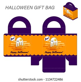 Template paper gift box with handles for Halloween sweets. Monster omelet Ghost on orange background with purple accents with Happy Halloween inscription. Vector