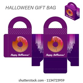 Template paper gift box with handles for Halloween sweets. Monster bitten donut on a purple background with the words Happy Halloween. Vector