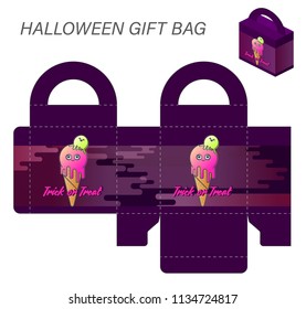 Template paper gift box with handles for Halloween sweets. Monster pink ice cream on a purple background with the words Trick or Treat. Vector