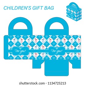 Template paper gift box with handles for sweets. Children's pattern with heralds and diamonds in diamonds on a blue background. A ribbon with an inscription for you. Vector