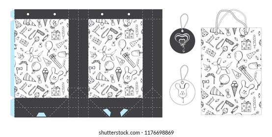 Template paper gift package. Background with holiday attributes. Vector illustration.