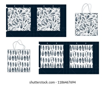 Template paper gift package. Background with feathers, leaves and other elements. Vector illustration.