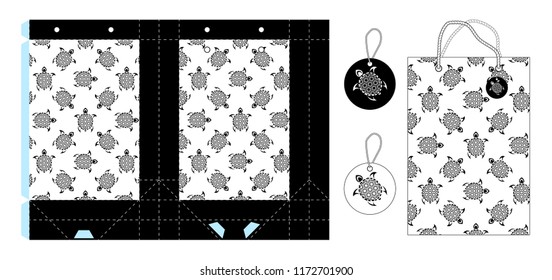 Template paper gift package. Seamless background with stylistics turtles. Vector illustration.