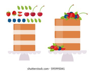 Template of a paper kids game for print. Vector illustration of cake with fruits and berries in flat style