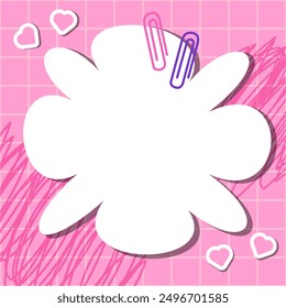 Template for paper notes. Groovy card for notes on a pink checkered background. Education accessories. Kawaii paper sticky notes for reminders, memo messages, and planners. Back-to-school.