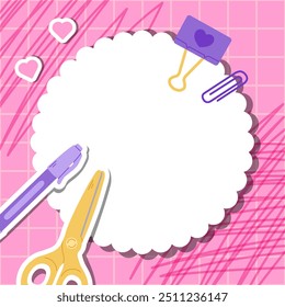 Template for paper notes. Groovy card for notes on a pink checkered background.. Kawaii paper sticky notes for reminders, memo messages, and planners. Kawaii school supplies. Education accessories.