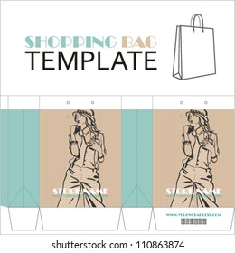 Template for paper shopping bag with girl character. Place for your info.