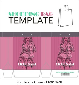 Template for paper shopping bag with girl character. Place for your info.