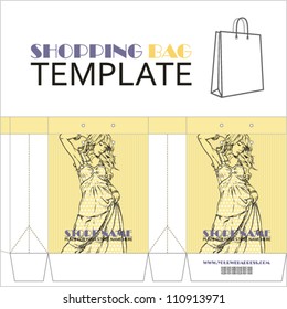 Template for paper shopping bag with girl character. Place for your info.