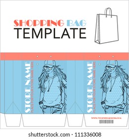 Template for paper shopping bag with girl character. Place for your info.