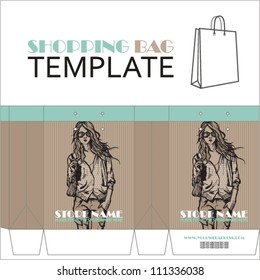 Template for paper shopping bag with girl character. Place for your info.