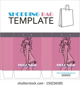 Template for paper shopping bag with girl character. Place for your info.