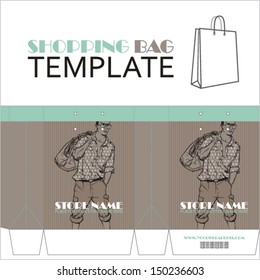 Template for paper shopping bag with guy character. Place for your info.