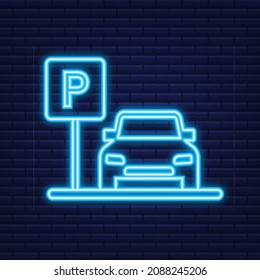 Template with parking. Logo, icon, label. Parking on white background. Neon icon. Web element. Vector stock illustration.