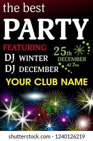 Template party invitation. Background with sparkling colorful fireworks for poster or banner. Vector illustration.