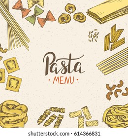 Template for pasta menu with hand drawn italian pasta of different types