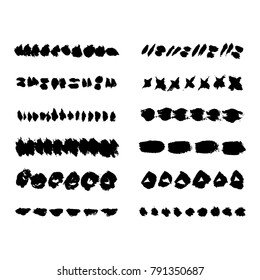 Template for pattern brushes. Grunge tribial black lines. Hand drawing ethnic design elements. Vector ink strokes. Dotted, spots, triangles, ovals, circles, sticks and crosses