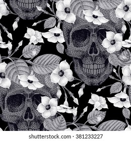 Template pattern of Dead Head and flowers seamless vector. Human skulls and devil's guts plant black and white. Abstract illustration on the theme of death. Abstract background