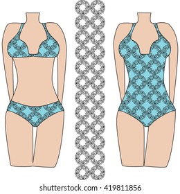 Template pattern of two women's swimwear. Mandala based illustration. Vector illustration. It is intended for design, printing on fabric, textile. Blue color