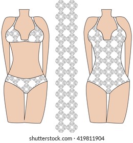Template pattern of two women's swimwear. Mandala based illustration. Vector illustration. It is intended for design, printing on fabric, textile