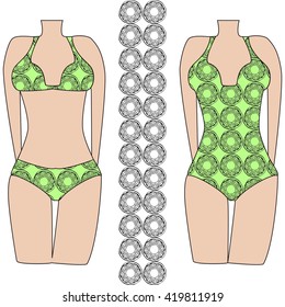 Template pattern of two women's swimwear. Mandala based illustration. Vector illustration. It is intended for design, printing on fabric, textile. Green color