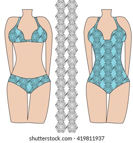Template pattern of two women's swimwear. Mandala based illustration. Vector illustration. It is intended for design, printing on fabric, textile. Blue color