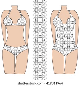 Template pattern of two women's swimwear. Mandala based illustration. Vector illustration. It is intended for design, printing on fabric, textile