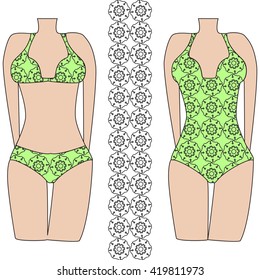 Template pattern of two women's swimwear. Mandala based illustration. Vector illustration. It is intended for design, printing on fabric, textile. Green color