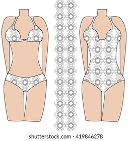 Template pattern of two women's swimwear. Mandala based illustration. Vector illustration. It is intended for design, printing on fabric, textile
