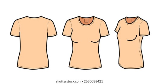 Template, pattern of women's short-sleeve T-shirt. T-shirt on mannequins, three views. Vector graphic flat illustration with editable stroke lines. Isolated on white background.