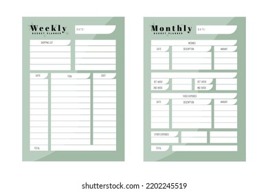 Template of personal budget plan, monthly, weekly and Trendy green colors. Budget planner weekly and monthly