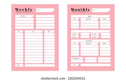 Template of personal budget plan, monthly, weekly and Trendy pink colors. Budget planner weekly and monthly