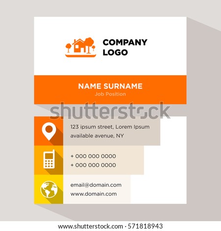 Template of personal card for architecture, construction services company with orange home, tree vector with elements of yellow phone contacts, location, web icons