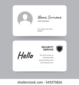 Template of personal card with black shield of security vector and hello word on gray background