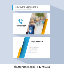 Template of personal card for communication and calls service company's employee with blue e cell phones vector on light blue background, design elements of orange shape
