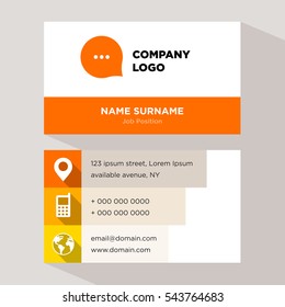 Template of personal card for communication services company with orange comment vector on gray background, elements of yellow phone and earth icons for contacts