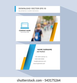 Template of personal card for computer service company's employee with blue internet vector on light blue background, design elements of orange shape